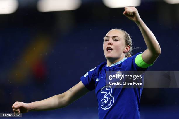 Magdalena Eriksson of Chelsea celebrates victory following the UEFA Women's Champions League quarter-final 2nd leg match between Chelsea FC and...