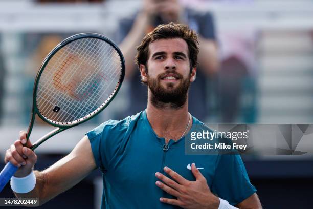 Karen Khachanov of Russia celebrates his victory over Francisco Cerundolo of Argentina in the quarter-finals of the Miami Open at the Hard Rock...