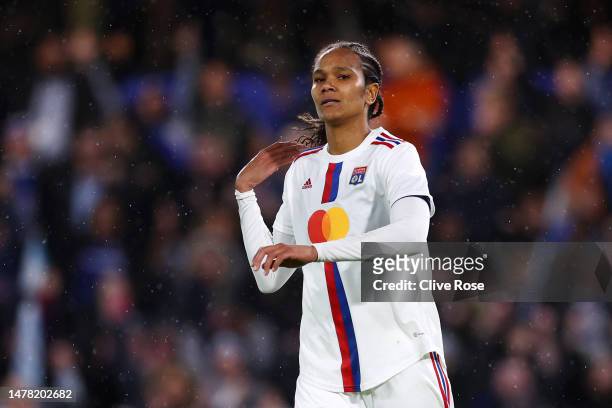 Wendie Renard of Olympique Lyonnais reacts following her saved penalty in the shootout during the UEFA Women's Champions League quarter-final 2nd leg...