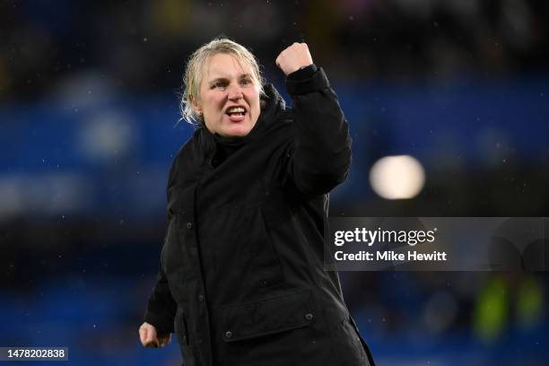 Emma Hayes, Manager of Chelsea, celebrates victory following the UEFA Women's Champions League quarter-final 2nd leg match between Chelsea FC and...