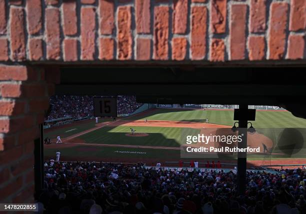 General view of Fenway Park in the eighth inning on Opening Day during a game between the Boston Red Sox and the Baltimore Oriolesat Fenway Park on...