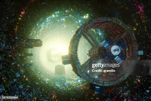 futuristic spaceships flying through mega city corridor - mega station stock pictures, royalty-free photos & images