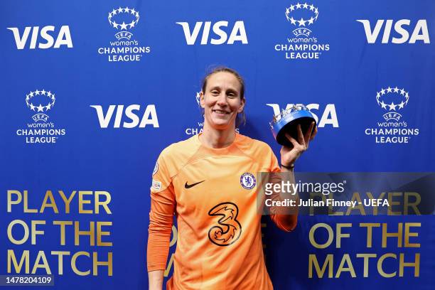 Ann-Katrin Berger of Chelsea poses for a photo with the Player of the Match trophy following the UEFA Women's Champions League quarter-final 2nd leg...