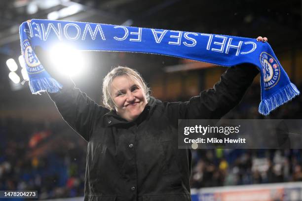 Emma Hayes, Manager of Chelsea, celebrates victory following the UEFA Women's Champions League quarter-final 2nd leg match between Chelsea FC and...