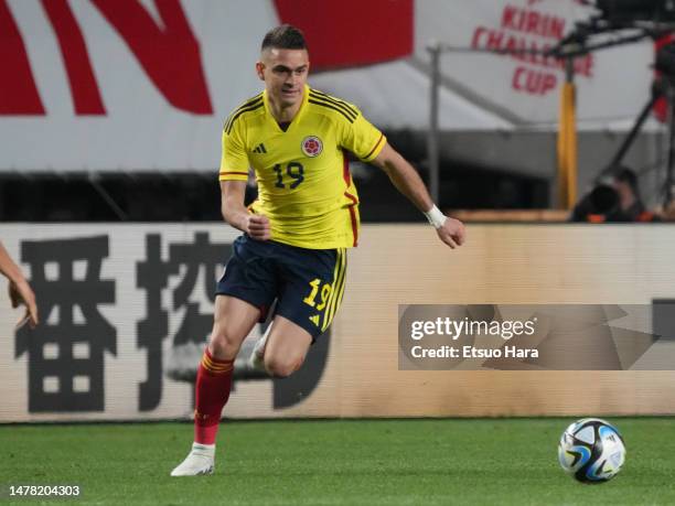 Rafael Santos Borre of Colombia in action during the international friendly between Japan and Colombia at Yodoko Sakura Stadium on March 28, 2023 in...