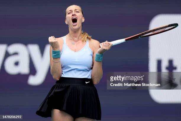 Petra Kvitova of Czech Republic celebrates match point against Ekaterina Alexandrova of Russia during the quarterfinals of the Miami Open at Hard...