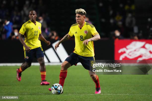 Jorge Carrascal of Colombia in action during the international friendly between Japan and Colombia at Yodoko Sakura Stadium on March 28, 2023 in...