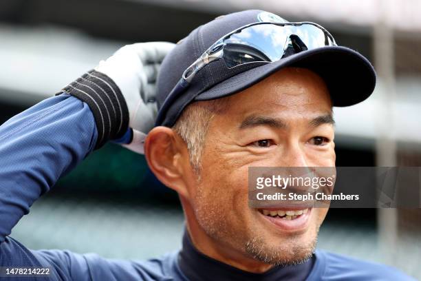 Ichiro Suzuki of the Seattle Mariners looks on before the game against the Cleveland Guardians during Opening Day at T-Mobile Park on March 30, 2023...