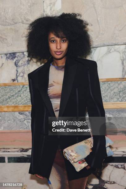 Julia Sarr-Jamois attends a dinner hosted by Olivier Rousteing to mark the opening of Balmain's new London boutique, held at Apollo's Muse on March...