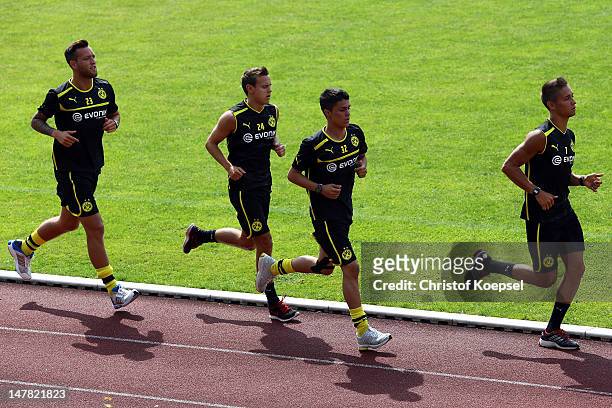 Julian Schieber, Chris Loewe, Leonardo Bittencourt and Moritz Leitner run during the lactate test of Borussia Dortmund at Hoesch Park on July 4, 2012...