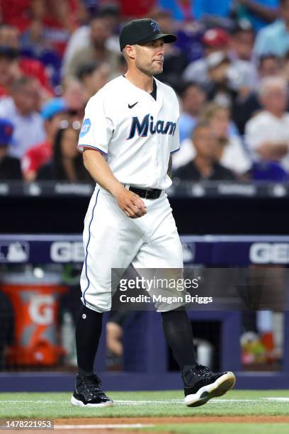 Skip Schumaker of the Miami Marlins walks on the field during the sixth inning against the New York Mets on Opening Day at loanDepot park on March...