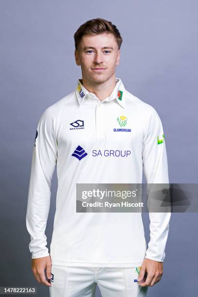 Callum Taylor of Glamorgan CCC poses for a portrait during the Glamorgan CCC Photocall at Sophia Gardens on March 23, 2023 in Cardiff, Wales.