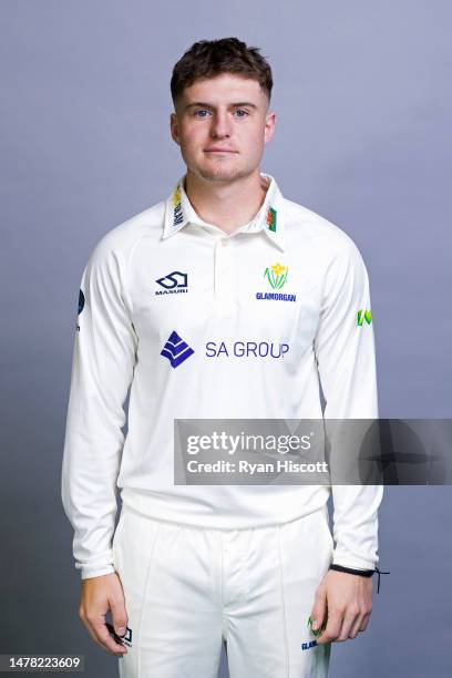 Alex Horton of Glamorgan CCC poses for a portrait during the Glamorgan CCC Photocall at Sophia Gardens on March 23, 2023 in Cardiff, Wales.