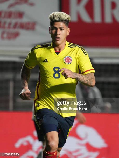 Jorge Carrascal of Colombia in action during the international friendly between Japan and Colombia at Yodoko Sakura Stadium on March 28, 2023 in...