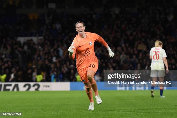 Ann-Katrin Berger of Chelsea celebrates following her team's victory in the UEFA Women's Champions League quarter-final 2nd leg match between Chelsea...