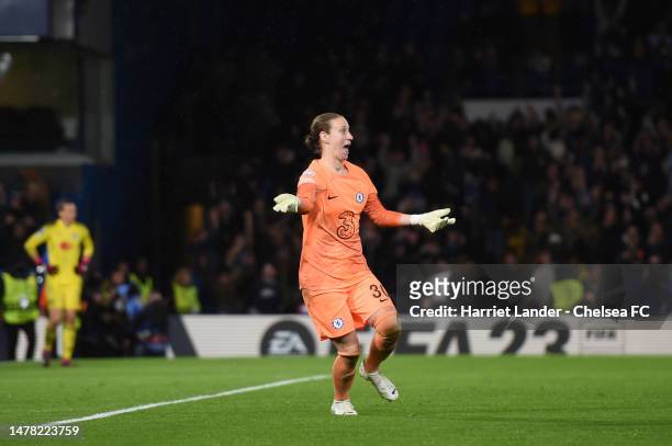 Ann-Katrin Berger of Chelsea celebrates following her team's victory in the UEFA Women's Champions League quarter-final 2nd leg match between Chelsea...