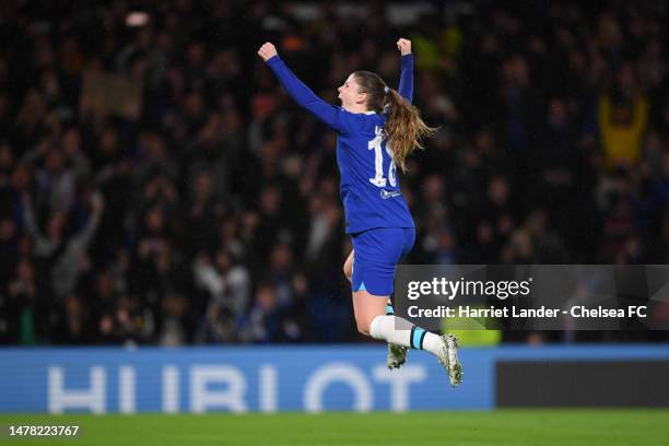 Maren Mjelde of Chelsea celebrates after scoring her team's second goal during the UEFA Women's Champions League quarter-final 2nd leg match between...