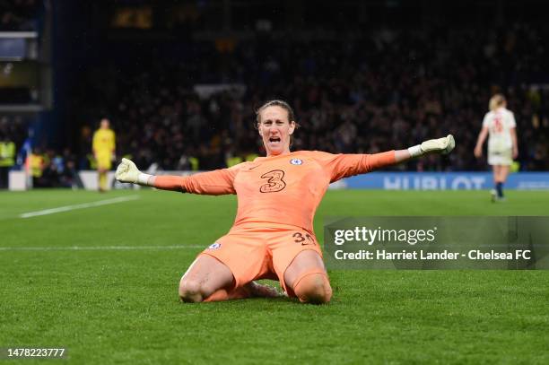 Ann-Katrin Berger of Chelsea celebrates following her team's victory in the UEFA Women's Champions League quarter-final 2nd leg match between Chelsea...