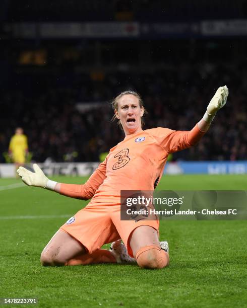 Ann-Katrin Berger of Chelsea celebrates following her team's victory in the UEFA Women's Champions League quarter-final 2nd leg match between Chelsea...