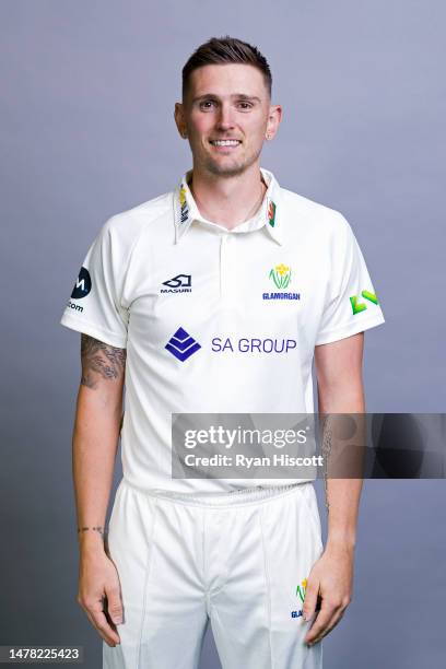 Harry Podmore of Glamorgan CCC poses for a portrait during the Glamorgan CCC Photocall at Sophia Gardens on March 23, 2023 in Cardiff, Wales.