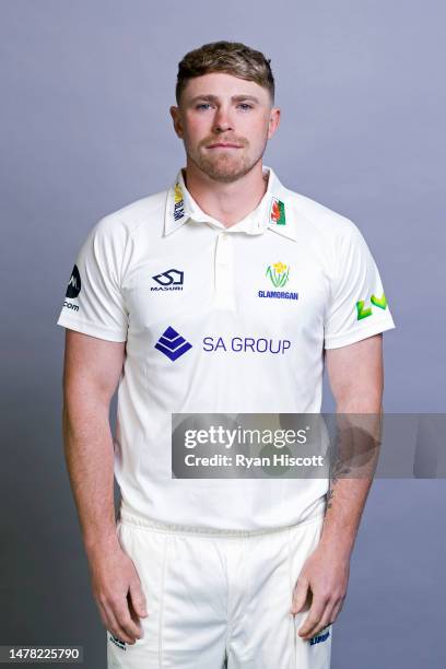 Dan Douthwaite of Glamorgan CCC poses for a portrait during the Glamorgan CCC Photocall at Sophia Gardens on March 23, 2023 in Cardiff, Wales.