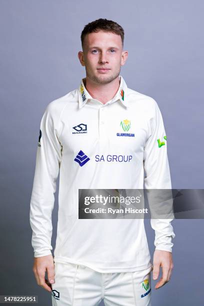 Tom Bevan of Glamorgan CCC poses for a portrait during the Glamorgan CCC Photocall at Sophia Gardens on March 23, 2023 in Cardiff, Wales.