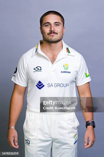 Kiran Carlson of Glamorgan CCC poses for a portrait during the Glamorgan CCC Photocall at Sophia Gardens on March 23, 2023 in Cardiff, Wales.