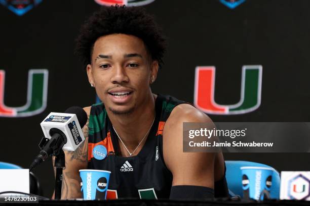 Jordan Miller of the Miami Hurricanes speaks during media availability for the Final Four as part of the NCAA Men's Basketball Tournament at NRG...