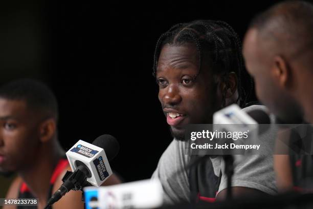 Nathan Mensah of the San Diego State Aztecs speaks during media availability for the Final Four as part of the NCAA Men's Basketball Tournament at...