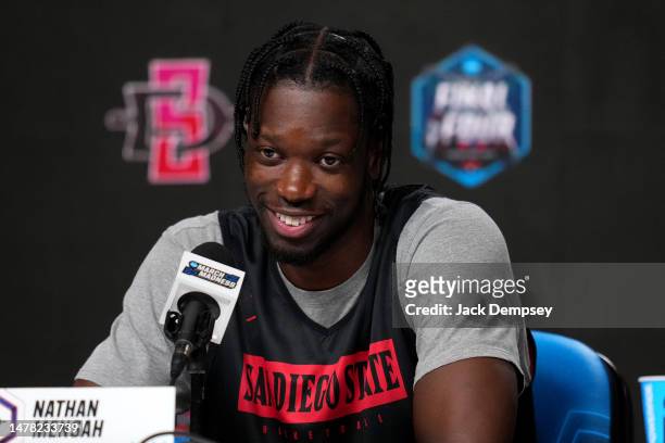 Nathan Mensah of the San Diego State Aztecs speaks during media availability for the Final Four as part of the NCAA Men's Basketball Tournament at...