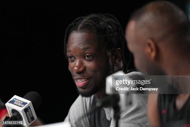 Nathan Mensah of the San Diego State Aztecs speaks during media availability for the Final Four as part of the NCAA Men's Basketball Tournament at...