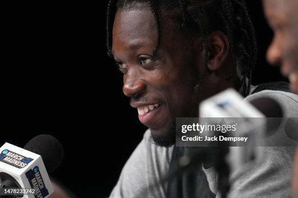 Nathan Mensah of the San Diego State Aztecs speaks during media availability for the Final Four as part of the NCAA Men's Basketball Tournament at...