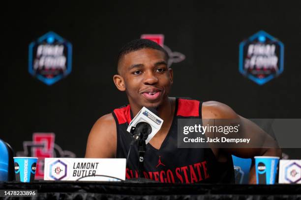 Lamont Butler of the San Diego State Aztecs speaks during media availability for the Final Four as part of the NCAA Men's Basketball Tournament at...