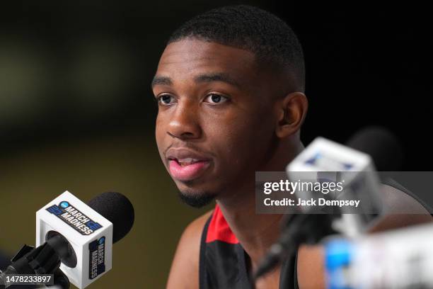 Lamont Butler of the San Diego State Aztecs speaks during media availability for the Final Four as part of the NCAA Men's Basketball Tournament at...