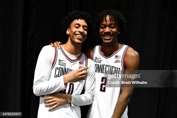 Andre Johnson Jr. #40 and Tristen Newton of the Connecticut Huskies pose during media availability for the Final Four as part of the NCAA Men's...