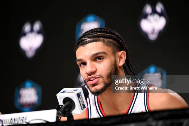 Andre Jackson Jr. #44 of the Connecticut Huskies speaks during media availability for the Final Four as part of the NCAA Men's Basketball Tournament...