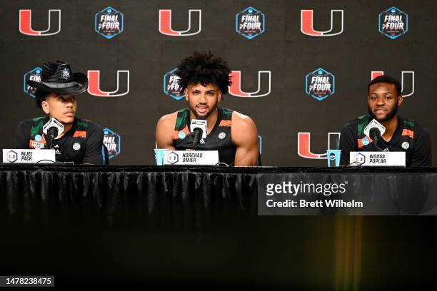 Nijel Pack, Norchad Omier and Wooga Poplar of the Miami Hurricanes speak during media availability for the Final Four as part of the NCAA Men's...