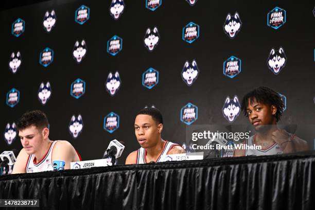 Donovan Clingan, Jordan Hawkins and Tristen Newton of the Connecticut Huskies speak during media availability for the Final Four as part of the NCAA...