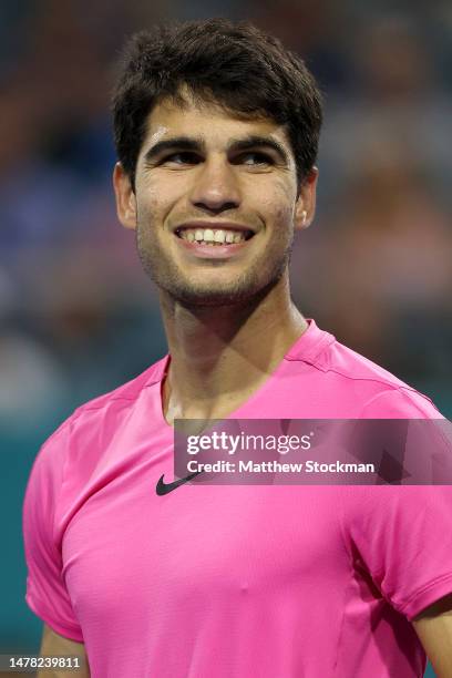 Carlos Alcaraz of Spain celebrates his win against Taylor Fritz of the United States during the quarterfinals of the Miami Open at Hard Rock Stadium...