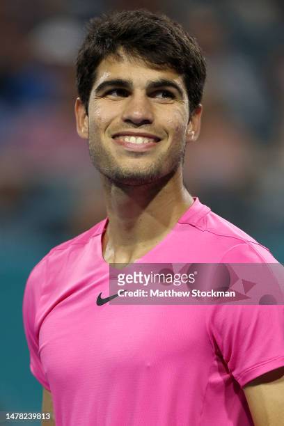 Carlos Alcaraz of Spain celebrates his win against Taylor Fritz of the United States during the quarterfinals of the Miami Open at Hard Rock Stadium...