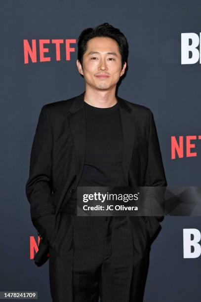 Steven Yeun attends the Los Angeles Premiere of Netflix's "BEEF" at TUDUM Theater on March 30, 2023 in Hollywood, California.