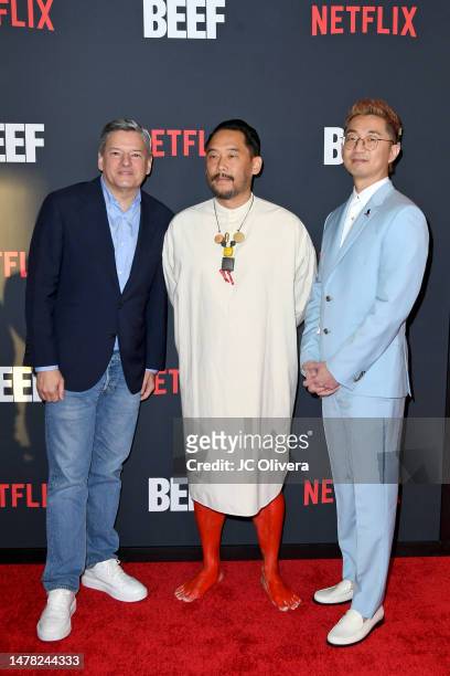 Ted Sarandos, Co-CEO at Netflix, David Choe, and Lee Sung Jin attend the Los Angeles Premiere of Netflix's "BEEF" at TUDUM Theater on March 30, 2023...