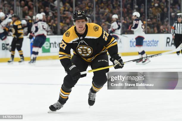 Hampus Lindholm of the Boston Bruins skates against the Columbus Blue Jackets at the TD Garden on March 30, 2023 in Boston, Massachusetts.