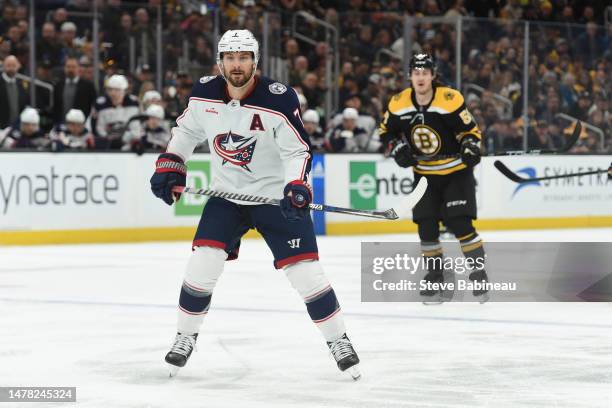 Sean Kuraly of the Columbus Blue Jackets skates against the Boston Bruins at the TD Garden on March 30, 2023 in Boston, Massachusetts.