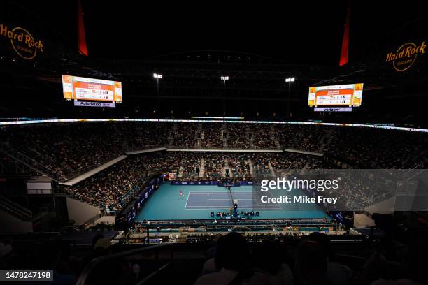 Carlos Alcaraz of Spain in action against Taylor Fritz of the United States in the quarter-finals of the men's singles at the Miami Open at the Hard...