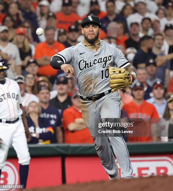 Yoan Moncada of the Chicago White Sox throws out Jose Abreu of the Houston Astros in the ninth inning on Opening Day at Minute Maid Park on March 30,...