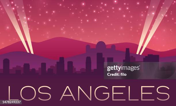 los angeles skyline silhouette - griffith observatory night stock illustrations