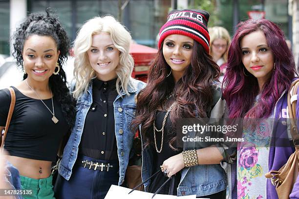 Leigh-Anne Pinnock, Perri Edwards, Jesy Nelson and Jade Thirlwall of Little Mix sighted at BBC radio two on July 4, 2012 in London, England.