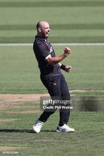 Daryl Mitchell of New Zealand celebrates his wicket of Dhananjauya de Silva of Sri Lanka during game three of the One Day International series...