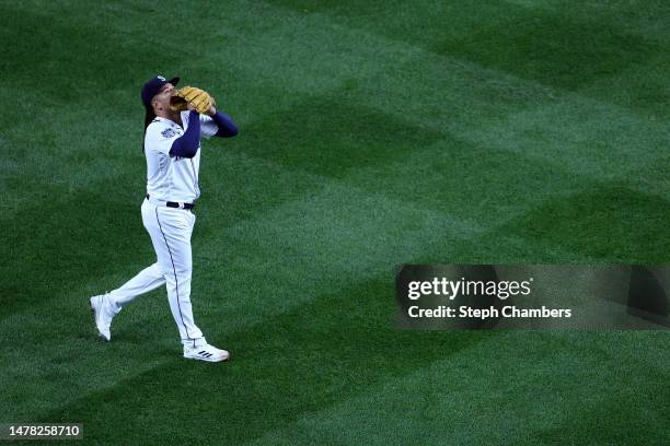 Luis Castillo of the Seattle Mariners reacts after the third inning against the Cleveland Guardians during Opening Day at T-Mobile Park on March 30,...